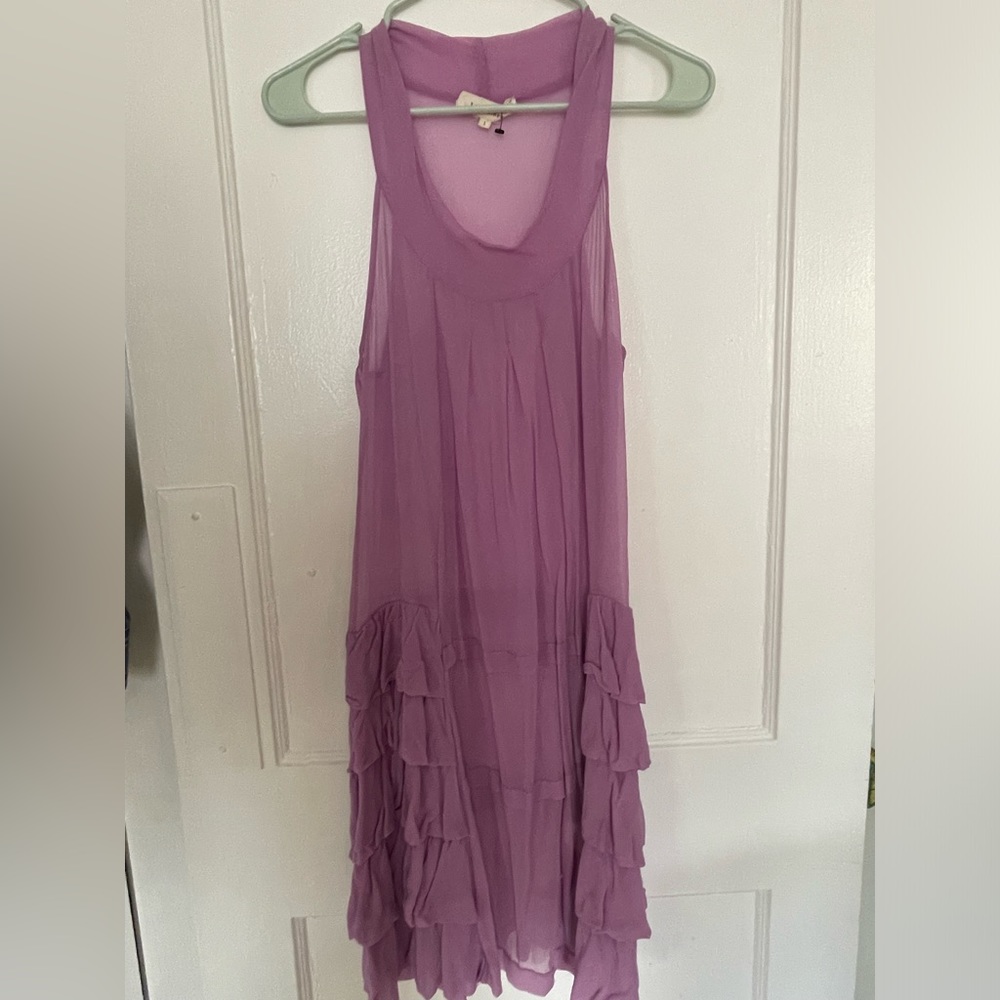 Lee Matthew’s sheer 100% light purple dress